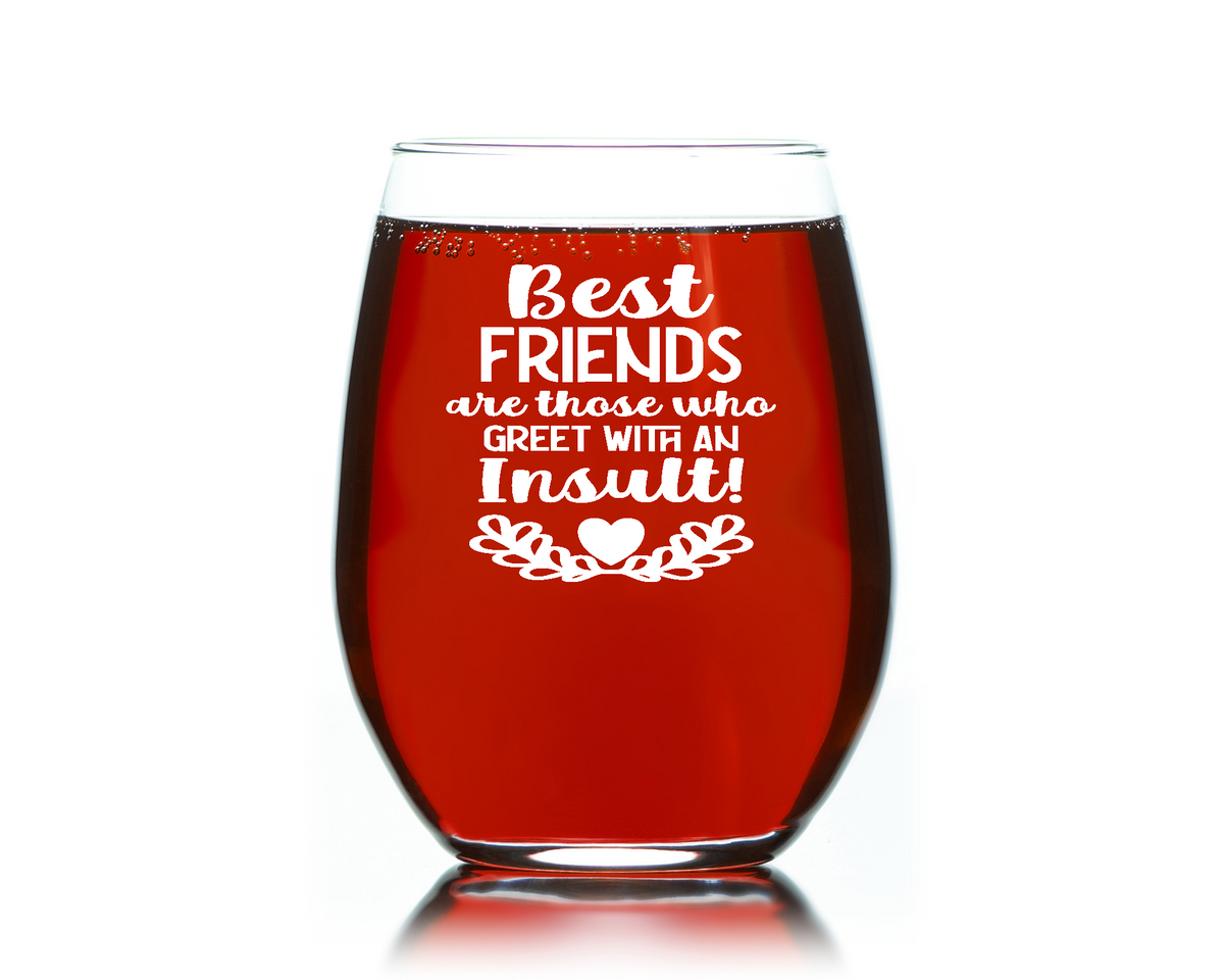 Wine Gift for Best Friends, Best Friends Greet us With Insults funny Stemless wine glass 15 oz. Funny Christmas Gift