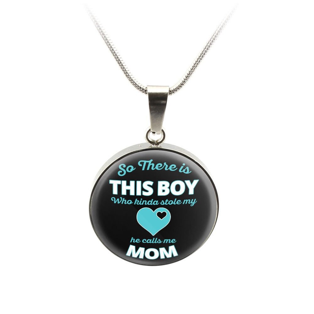 So There's This Boy Who Stole My Heart He Calls me Mom Necklace Silver Heart or  Gold Round Gift for Mom Engraved New Mom Jewelry