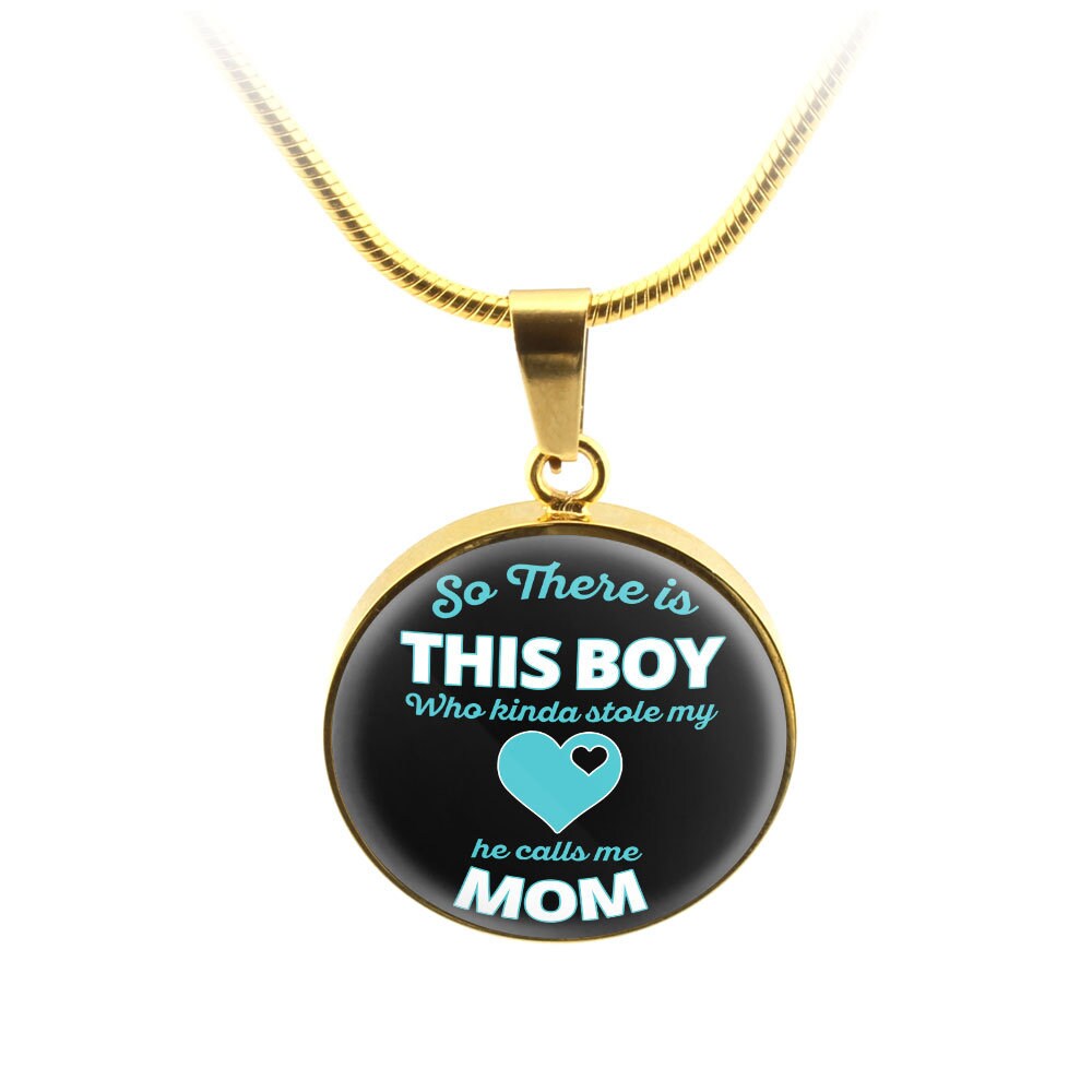 So There's This Boy Who Stole My Heart He Calls me Mom Necklace Silver Heart or  Gold Round Gift for Mom Engraved New Mom Jewelry