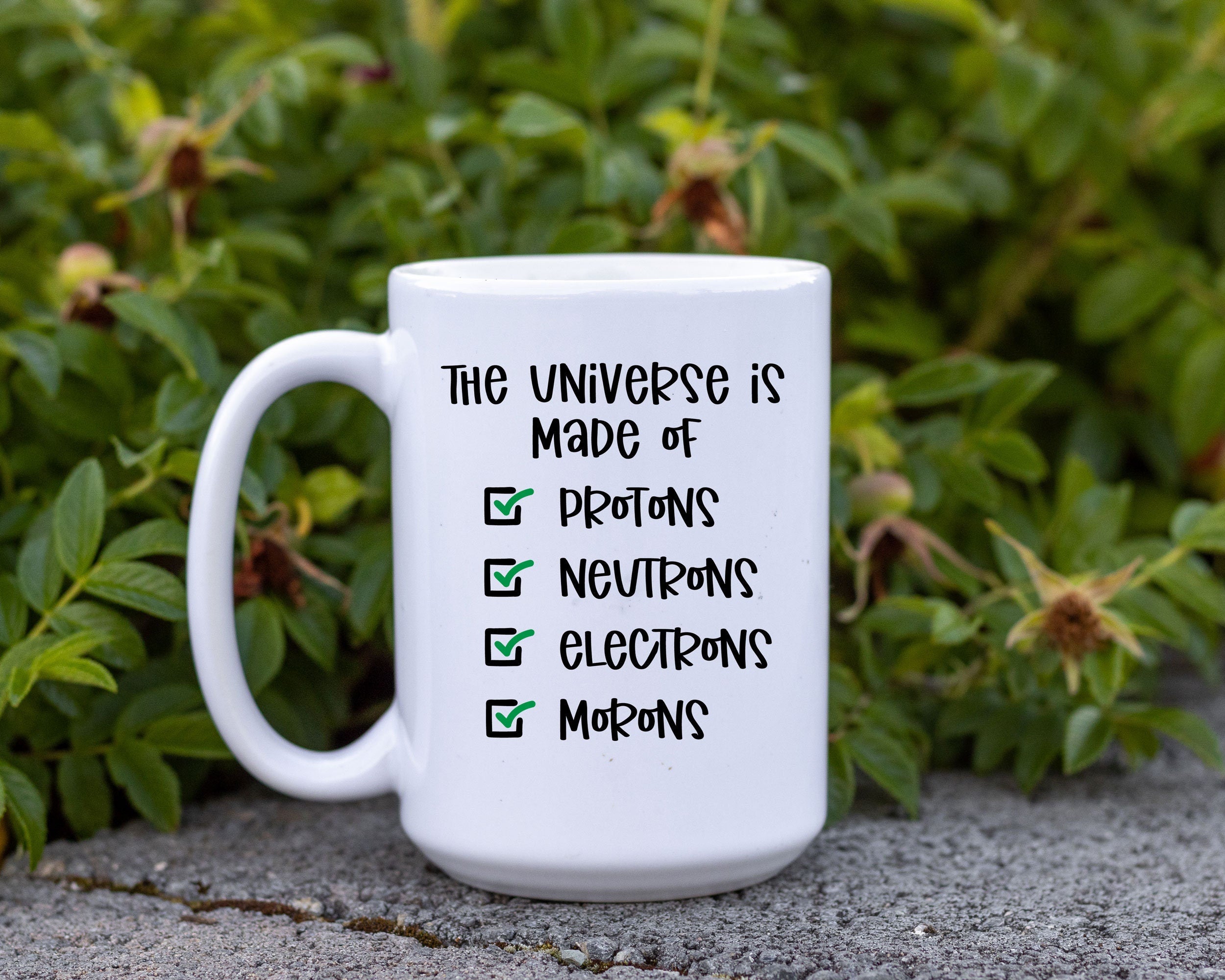 The World is made of Protons, Neurons, Electrons, and Morons!  Funny Nerd sarcasm coffee mug, Funny Science Mug, Nerdy Geeky Funny mug gift