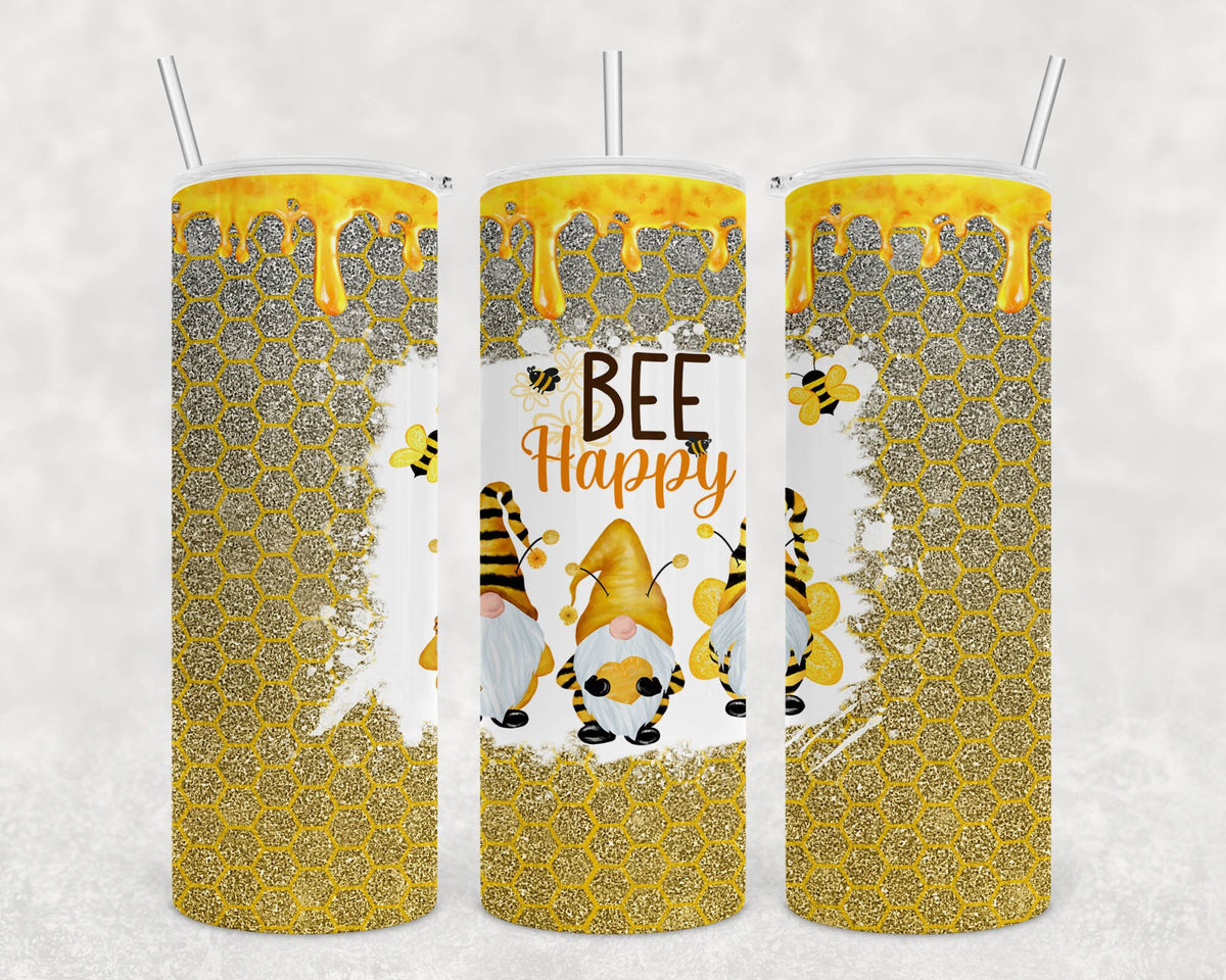 Personalized Fun Honey Bee Happy Gnome Themed Skinny Tumbler 20 oz, Birthday gift for her, Sister, friend, mom, gift,