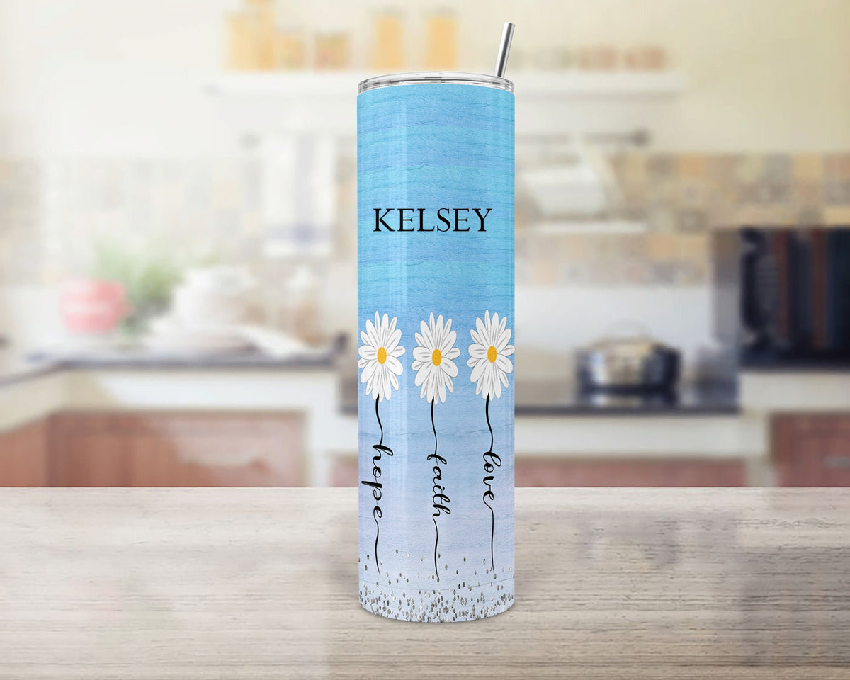 Personalized Faith Hope and Love Christian Themed Skinny Tumbler 20 oz, Birthday gift for her, Sister, friend, mom, gift,