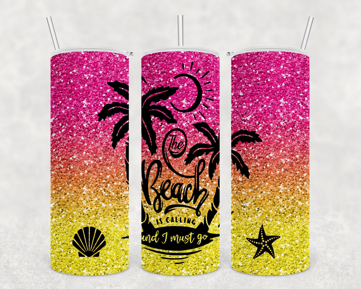 Personalized Beautiful Sparkly The Beach is Calling Skinny Tumbler 20 oz, Add Bling to your drink! Girls trip, Beach Themed vacation, gift